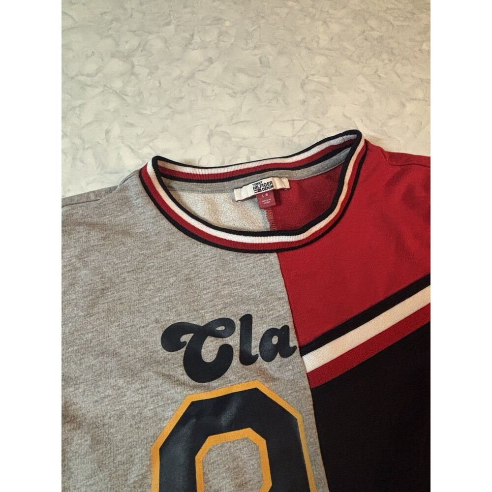 Tommy Hilfiger Denim Sweatshirt Mens Large Colorblock Split Crewneck Gray Red 85